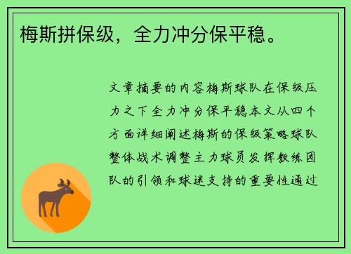 梅斯拼保级，全力冲分保平稳。